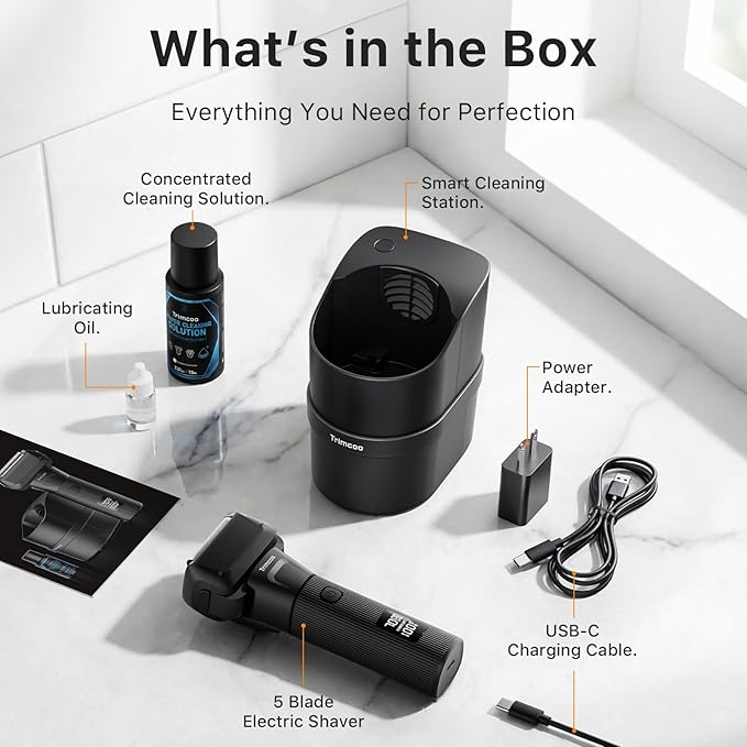 Electric Shaver for Men - Trimcoo 5-Blade Foil Razor Kit | Gentle on Sensitive Skin | Self-Cleaning Center USB-C Charging 180min Runtime IPX7 Wet/Dry Use with Pop-Up Trimmer Ideal Grooming Gift