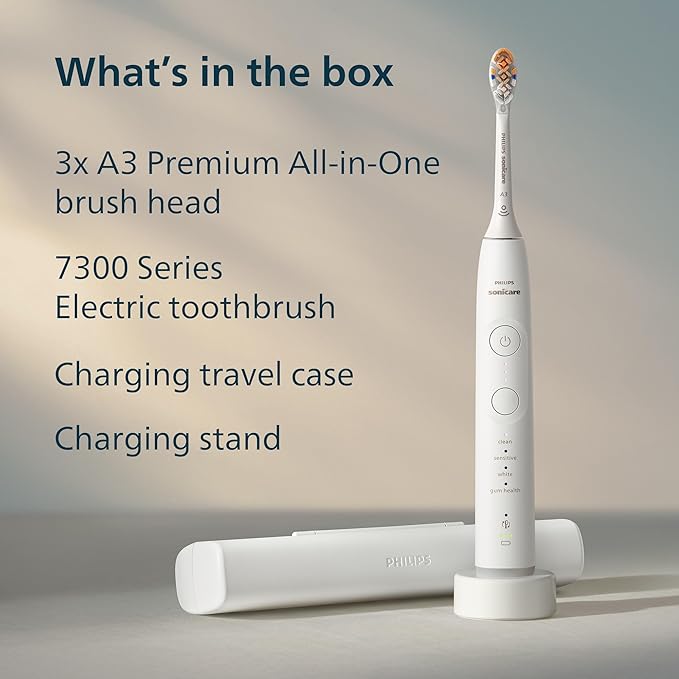 Philips Sonicare 7300 Series Electric Toothbrush - Next-Generation Sonicare Technology Pressure Sensor 12 Brushing Settings SmarTimer BrushPacer 21-Day Runtime Travel Case White HX7420/07