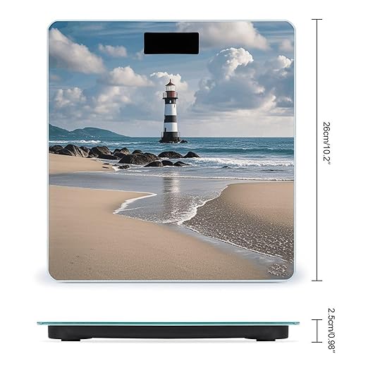 Sea Lighthouse Sandbeach Bathroom Scale for Body Weight LCD Display Digital Bathroom Scale Tempered Glass Bathroom Weight Scales Fashion Smart Scales for Home Bedroom 400 Lb