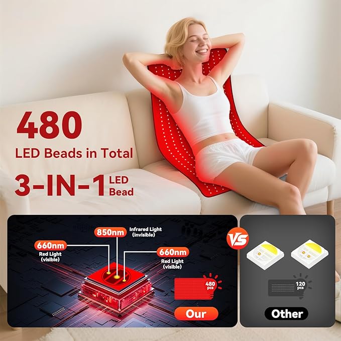 Red Light Therapy Mat for Full Body Foldable 480 LEDs Near Infrared Light Therapy Pad 660nm&amp 850nm 2in1 LEDs Light Blanket High end Leather 5 Power Levels UP to 65W 39.4'x23.6'