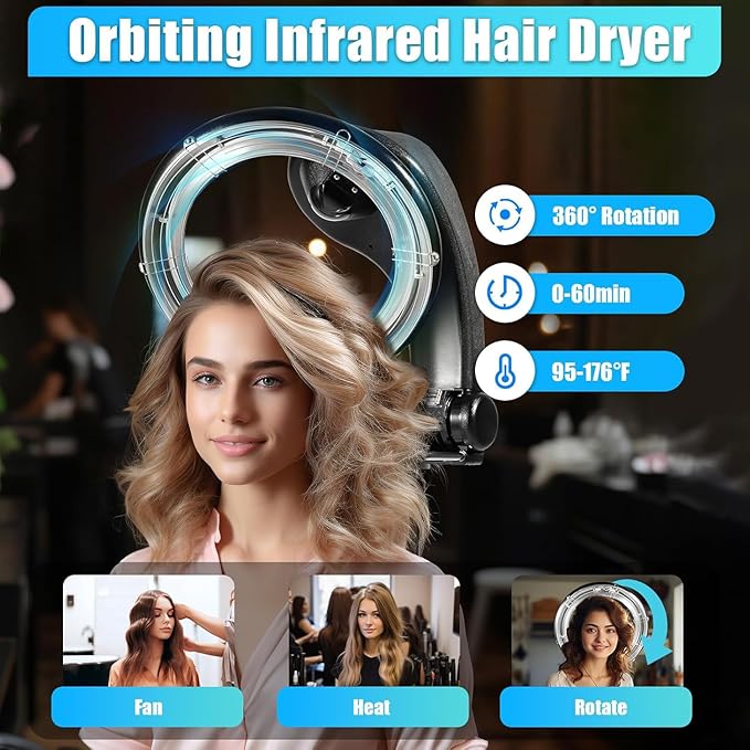 3 in 1 Professional Stand Hair Dryer Orbiting Infrared Hair Dryer Hair Color Processor Floor Hair Dryer 360° Rotating Adjustable Hair Drying Perming Machine with Wheels