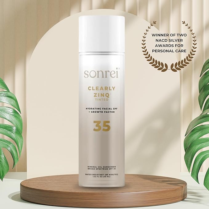 Sonrei Clearly Zinq Hydrating Tinted Facial SPF 35 + Anti-aging Growth Factor Sunscreen Mineral Gel &amp Primer | Broad Spectrum UV Protection | Water Resistant Vegan | Non-greasy with 2 REFILL 3-P