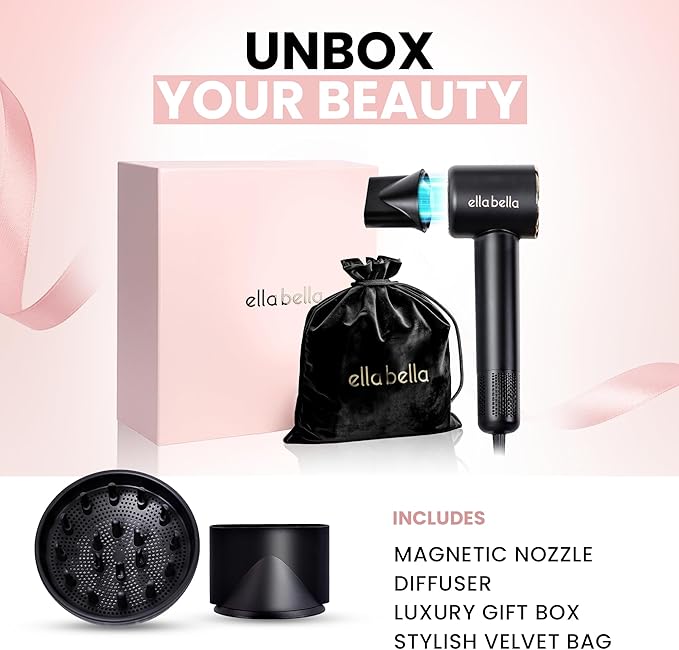 ELLA BELLA® Compact Plasma Hair Dryer Advanced Plasma Technology Blow Dryer with Digital Display Rapid Drying Low Noise &amp Luxury Velvet Travel Bag - Includes Diffuser &amp Nozzle- for All Hai