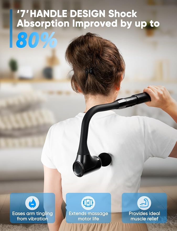 Massage Gun Deep Tissue - Back Massager for Pain Relief Deep Tissue with Extended Handle 12MM Percussion Less-Shock Neck/Foot/Leg/Shoulder Massager Infinitely Adjustable Speed &amp 4 Replaceable He