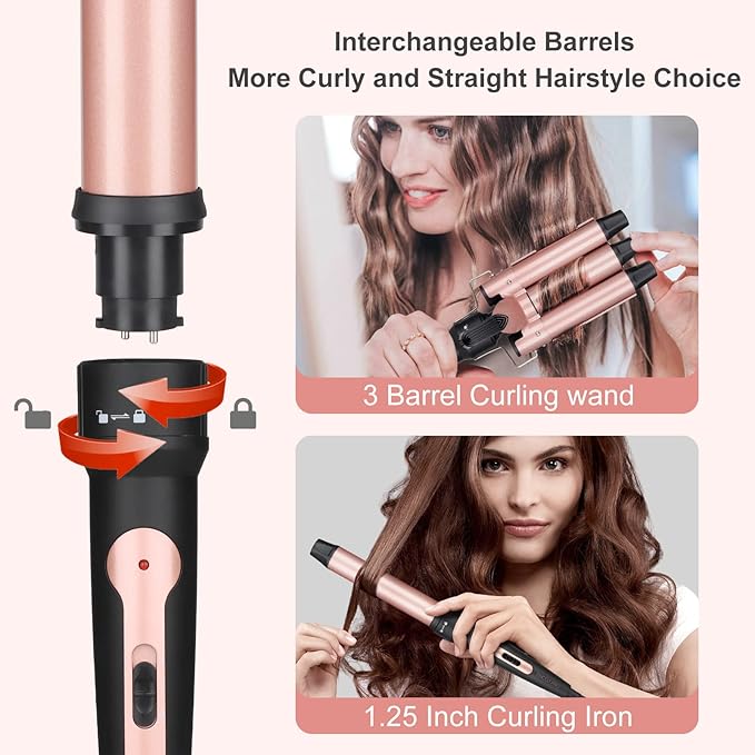 Wand Curling Iron Hair Crimper Emocci Pro Large 3 Barrel (0.35-1.25 Ceramic Barrel) Hair Crimper for Women Beach Waves Instant Heat Hair Waver Set for Long Hair Curlers 5-in-1 Curling Wand Set