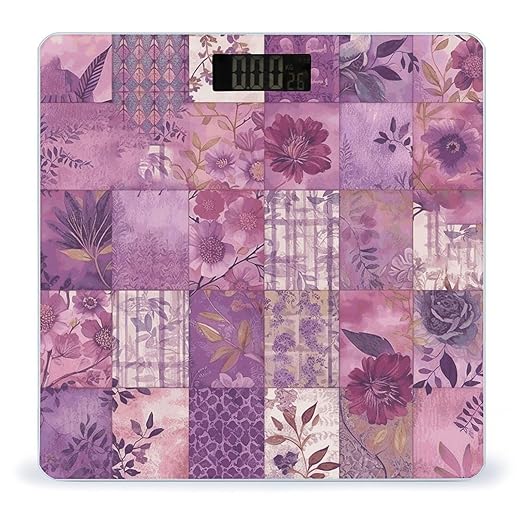 Purple Flowers Collage Scale for Body Weight Anti-Slip Digital Bathroom Scale Sturdy Toughened Glass Weighing Scales High Precision Safe Rounded Corners Smart Scales