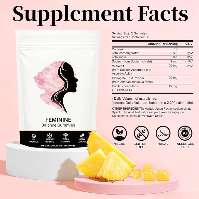 Feminine Balance Gummies for Women's pH Balance | Hawaiian Pineapple Flavor with Vaginal Probiotics &amp Vitamins for Internal Balance Comfort Freshness &amp Confidence Support