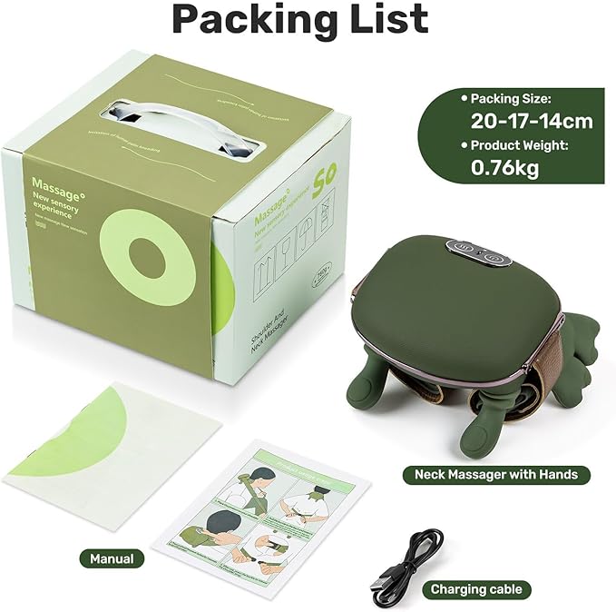Bionic Heated Massager Master Tissue Shiatsu Electric Massage for ShoulderMassage Neck with 4D Kneading Ergonomic Hand-Like Design for Deep Tissue Pain Relief (Green)