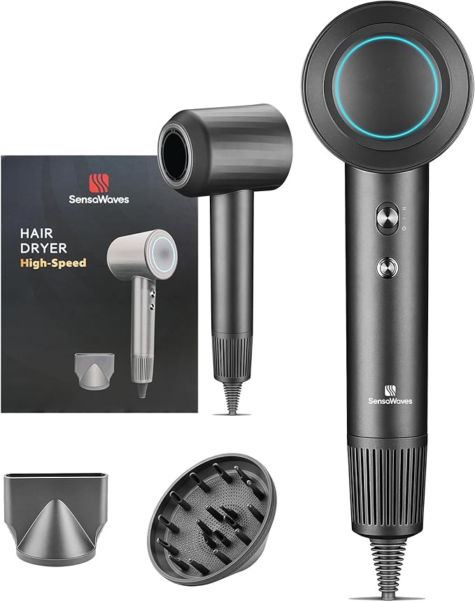 Professional High-Speed Hair Dryer 110000 RPM Fast Drying with 500M Negative Ions Salon-Grade Low Noise Thermo-Control Includes Magnetic Diffuser &amp Nozzle (for Home&ampTravel)-Black