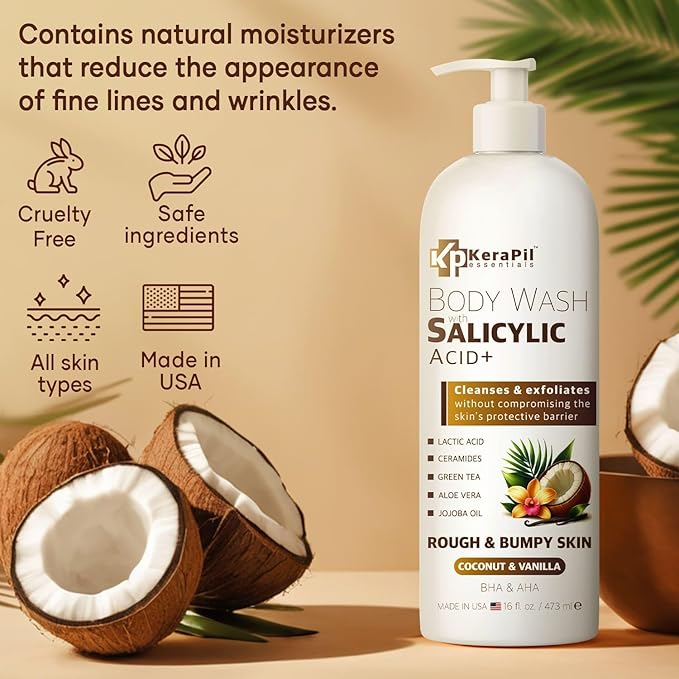 Exfoliating Body Wash with Salicylic Acid - No Dry Out Gentle Exfoliates Rough and Bumpy Skin Body Acne Wash BHA &amp AHA - Coconut and Vanilla Salicylic Acid Body Wash - (16 fl oz x 2)