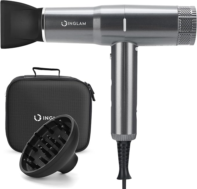 Hair Dryer with Diffuser IG INGLAM 1875W Professional Ionic Blow Dryer 110 000 RPM High-Speed Brushless Motor Auto-Clean 3 Heat Settings &amp 3 Speed &amp Cool Shot Button Settings for Easy Hom