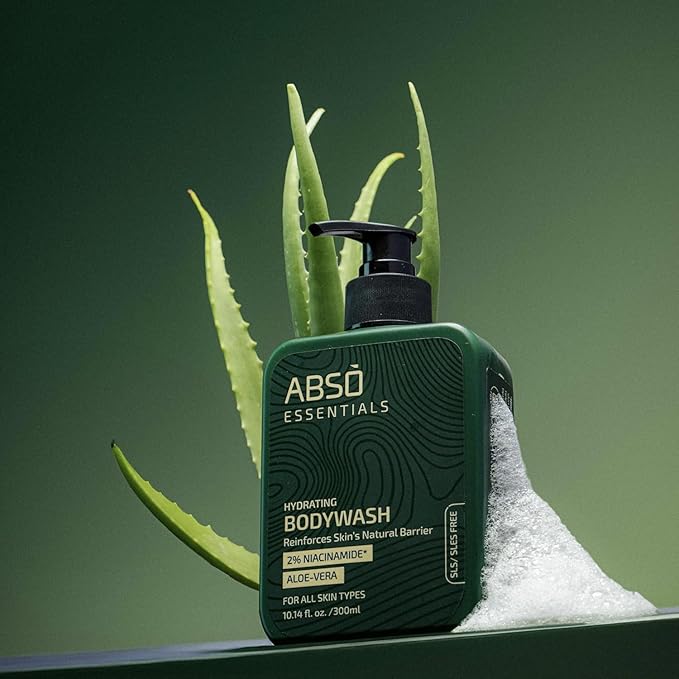 ABSO_ESSENTIALS 2% Niacinamide Hydrating Bodywash With Aloe Vera for Daily Gentle Cleansing Enriched Moisturizing and Reinforcing Skin Barrier| SLS &amp Paraben Free Dermatologically Tested (300 ML)