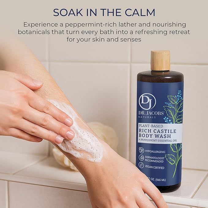 Dr. Jacobs Naturals Castile Peppermint All-Natural Body Wash for Moisturizing Dry and Sensitive Skin with Plant-Based Ingredients with Pump - 32 Ounce