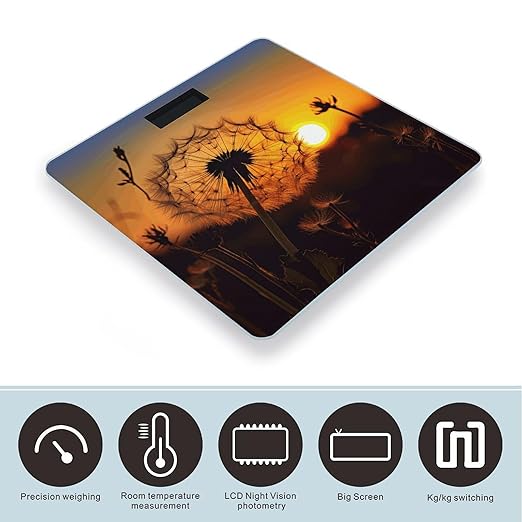 Sunset Dandelion Bathroom Scale Large LCD Backlight Display Digital Scale Rounded Corners Body Scales Automatic Power On/Off Bathroom Scales for Home Bedrooms