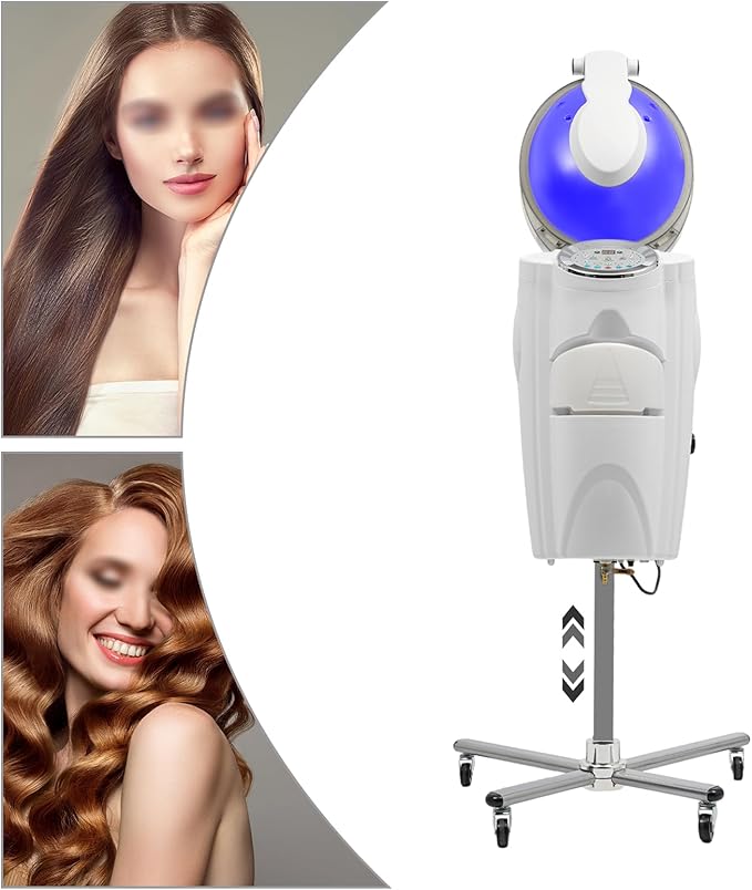 Professional Standing Hair Steamer for Salon &amp Home 700W Ozone Steam Therapy with Light Scalp Care Adjustable Height Hooded Dryer with 12 Light Auto Shut-Off (White)