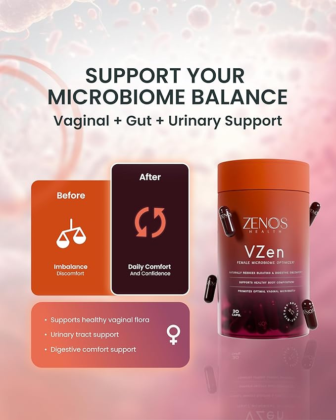 Zenos Health VZen Vaginal Probiotics for Women – Probiotics and Prebiotics for Digestive Health &amp Bloating Relief for Women – Improve Gut Health Urinary Tract &amp Daily Wellness - Made in USA