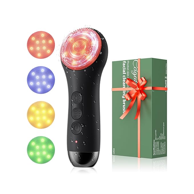 Face Scrubber Facial Cleansing Brush - Waterproof and Rechargeable Face Cleansing Brush with 4 LED Gentle Light Cleansing Exfoliating and Massaging Electric Face Scrub Brush for Men &amp Women