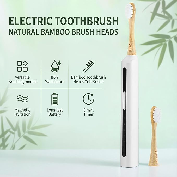Bamboo Electric Toothbrush丨Rechargeable Electric Toothbrush with 4 Bamboo Heads Soft Castor Oil Bristles5 Moedes&amp3 Intensities 45 Days Battery Life IPX7 Waterproof-White