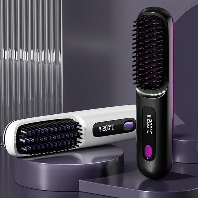 Cordless Hair Straightener Brush Portable Mini Hair Straightening with 3 Temperature Settings &amp Led Display Usb Rechargeable Fast Heating Hairs for Travel(Purple)