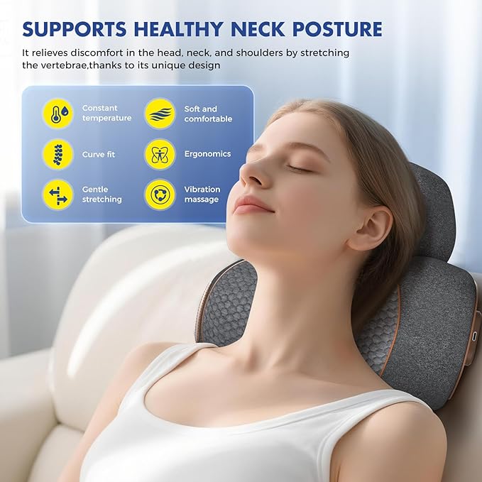 Neck Massager Pillow with Heat 3-in-1 Shiatsu &amp Cervical Traction for Pain Relief Ergonomic Shoulder Massager and Posture Corrector for Men &amp Women Corded Electric（Dark Gray）