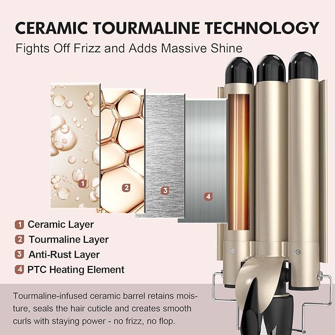Three Barrel Curling Iron 1.1 Inch for Soft Mermaid Waves AIMERVO Hair Crimper 15 Adjustable Heat Settings with LCD Temperature Display Tourmaline Ceramic Deep Waver Includes Heat Resistant Glove