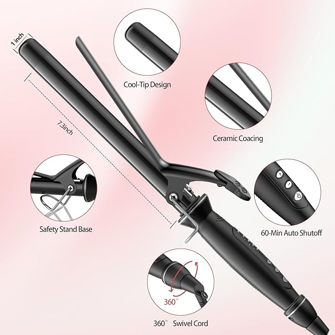 SAOSA 1 Inch Extra Long Barrel Curling Iron Tourmaline Ceramic Curling Iron with Auto Shut-Off Dual Voltage 110-240V Hair Curler Suitable for Travel Including Glove