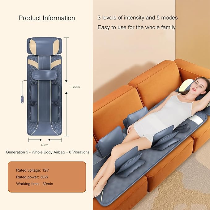 Full Body Massage Mat with 3D Body Stretching Lumbar Traction Back Heating 5 Modes 3 Intensities PU Leather - Relaxation &amp Pain Relief