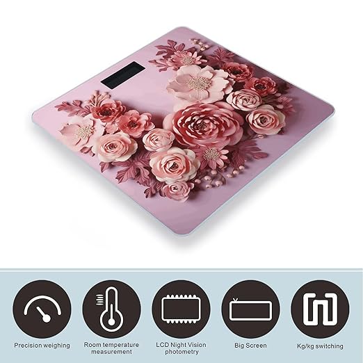 Flowers on Light Pink Background Scale for Body Weight Precision Bathroom Weighing Scales with Back Lit LCD Display Sturdy Tempered Glass Body Weight Scales Digital Bathroom Scale 400lb