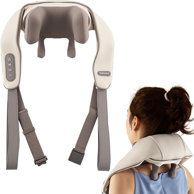 COSTWAY Neck Shoulder Massager with Heat 4D Deep Tissue Kneading Shiatsu Machine for Pain Relief Portable Cordless Neck Back Leg Massager Pillow Gift for Mom Dad Family Women Men (Beige)