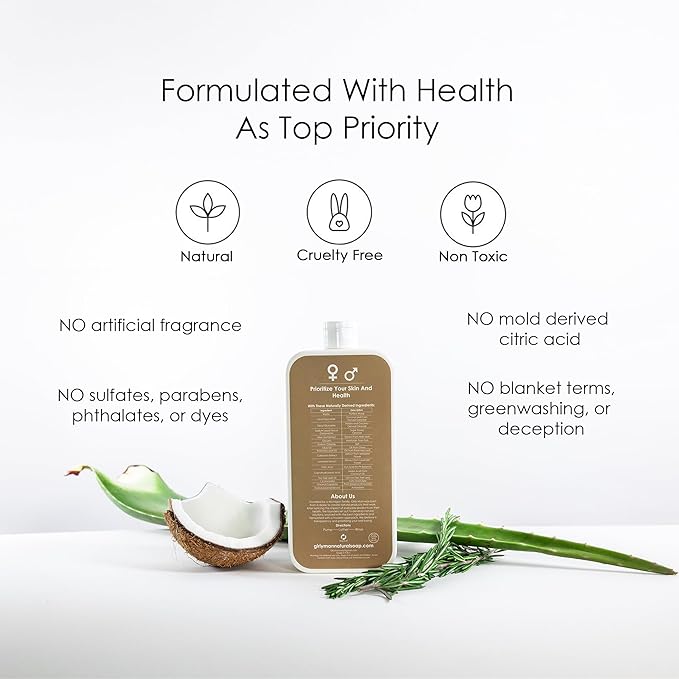GirlyMan Natural Body Wash - Made with Olive Oil &amp Aloe Extract No Artificial Fragrance PH Balanced Gentle Formula Nourishing Ingredients Family Owned (Rosemary Tea Tree)
