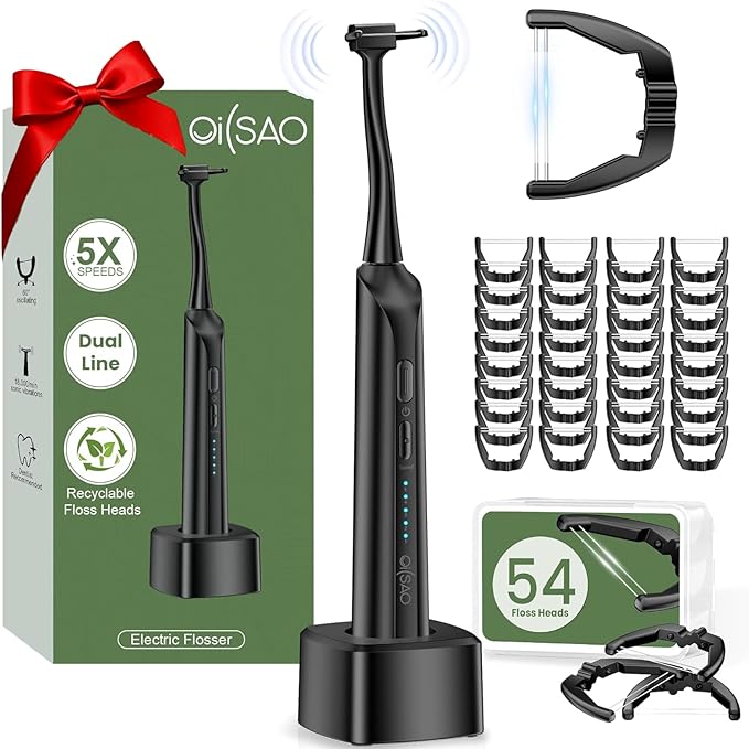 Electric Flosser for Teeth Water Flosser Alternative with 5 Speeds + 54 Refill Heads 5X Cleaning &amp 60 Day Battery Life Oscillation Gliding for Sensitive Gum Care Dentist Recommended -Black