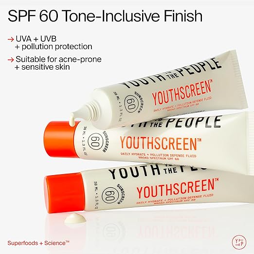 Youth To The People Youthscreen Sunscreen with SPF 60 Daily Hydration + Pollution Defense Invisible Broad Spectrum Sunscreen No White Cast Dewy Finish Non-comedogenic -1.3 fl oz