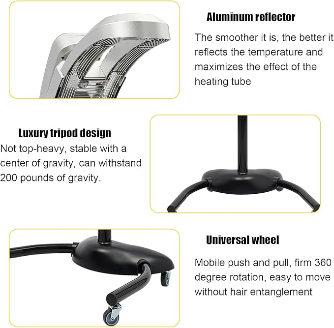 Standing Hair Dryer Adjustable Vertical Hairdressing Heater Professional Salon Equipment With Rolling Wheels | 360° Rotating Head | Intelligent Temperature &amp Time Control | Adjustable Angle | Si