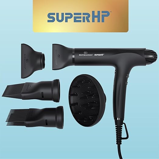 Olivia Garden 1875W SuperHP Professional Hair Dryer for All Hair Types - Quiet Fast Drying Blow Dryer - Powerful Ionic Generator - 5 Attachments Including 2 Comb and 1 Diffuser Attachments
