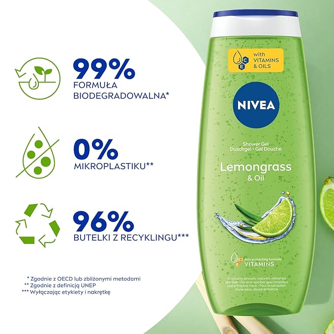 NIVEA Lemongrass &amp Oil Shower Gel for Daily Body Cleansing Enriched with Nourishing Oil Pearls Refreshing Lemongrass Aroma and Gentle Foaming Formula 500 ml / 16.9 Fl Oz