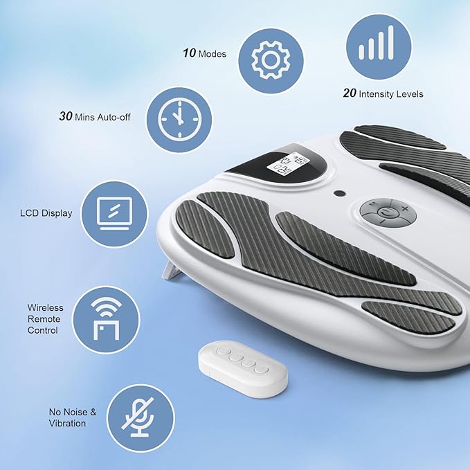 FSA EMS Foot Massager-Electronic Muscle Stimulator Relief for Neuropathy Plantar Fasciitis &amp Foot Pain- 10 Modes 20 Intensities Remote - Rechargeable Silent Operation