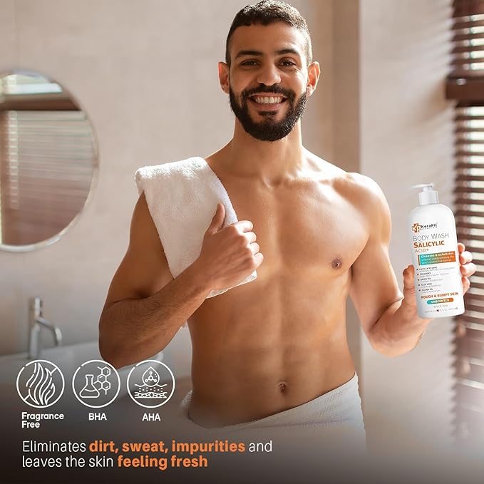 Exfoliating Body Wash With Salicylic Acid - Gentle Exfoliates Rough and Bumpy Skin KP and Acne with BHA &amp AHA - Unscented Body Wash Made in USA - (16 fl oz)