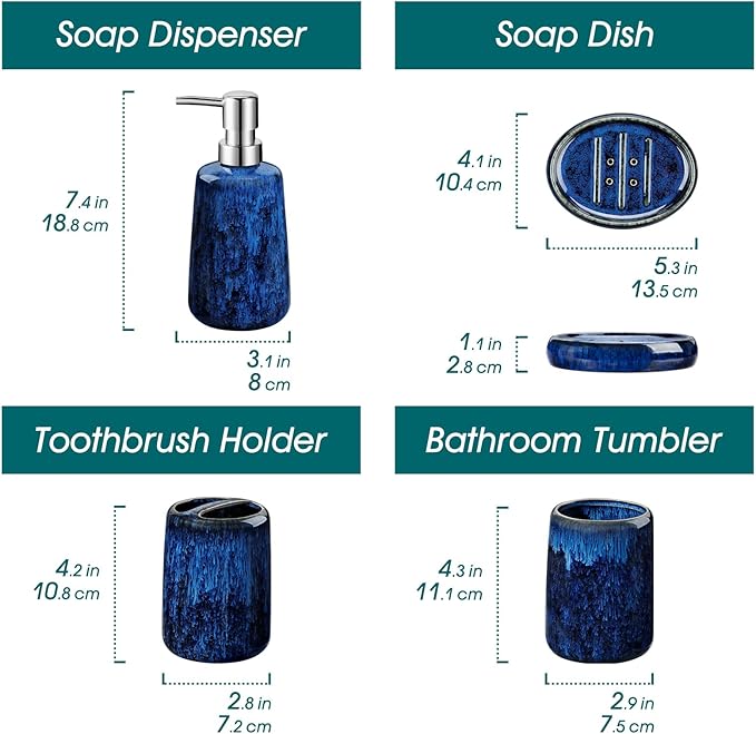 vancasso Blue Bathroom Accessories Set Ceramic Soap Dispenser and Toothbrush Holder Sets Stoneware 4 Pcs Bathroom Sink Set for Modern Home Decor Series Starry