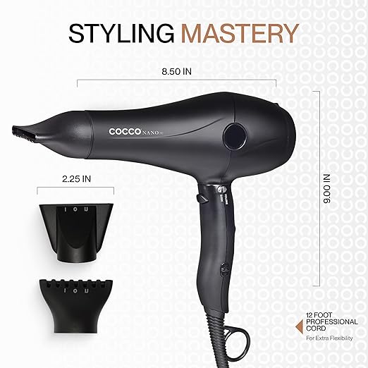 Cocco Nano Pro Hair Dryer Ultra Lightweight Ionic Intel System Ceramic Spheres Technology Professional Performance Black