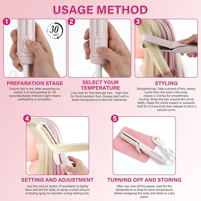 Airflow Styler Curling Iron360° Cool Air Lock in Style for Lasting Curls 2 in 1 Hair Straightener and Curler Anti-Scald for Short Long Hair（Pink）