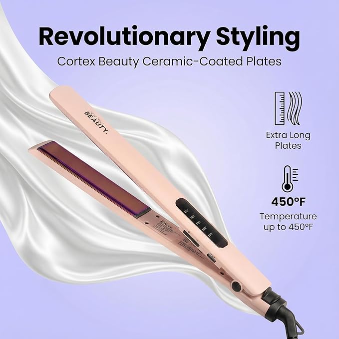 Cortex Beauty Flat Iron Hair Straightener 1 Inch | Professional Ceramic Coated Plates Flat Iron for Smooth Shiny Frizz-Free Hair Fast Heating One-Pass Styling Results Salon Quality Finish (Pink)