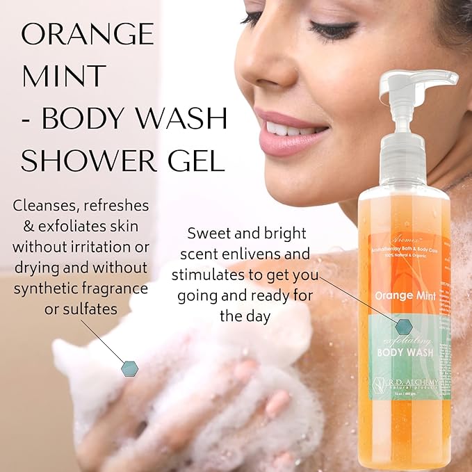 RD Alchemy - 98% Natural &amp Organic Orange Mint Body Wash Shower Gel - Sweet and Bright to Enliven and Stimulate while Cleansing Exfoliating and Renewing