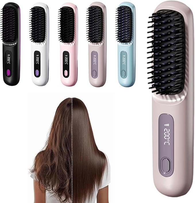 2026 New Brush Pro Portable Straightener Brush for Travel with LCD Temperature Display Fast Heating Cordless Mini Hair Brushs (Purple)