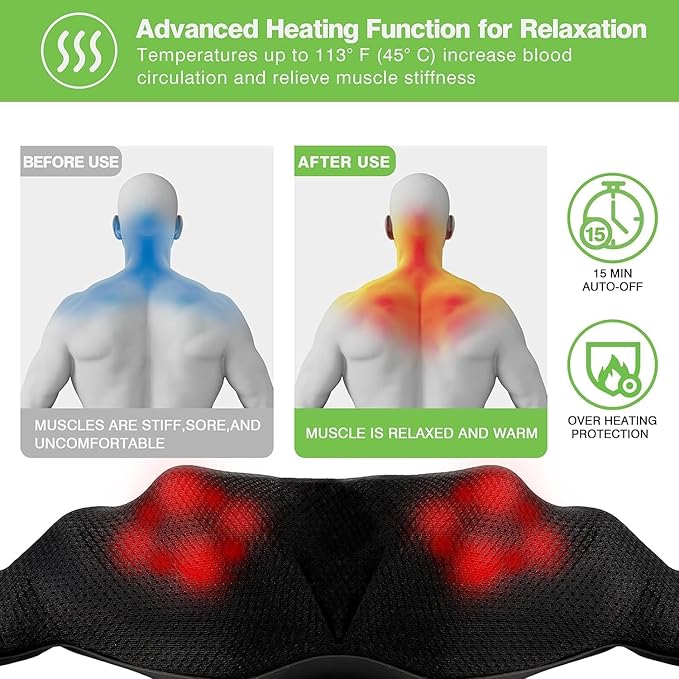cotsoco Neck Massager Shiatsu Shoulder Massager with Heat Portable 3D Ergonomic Deep Tissue Shoulder and Back Massager for Pain Relief Birthday and Christmas Gifts for Mom and Dad Men and Women