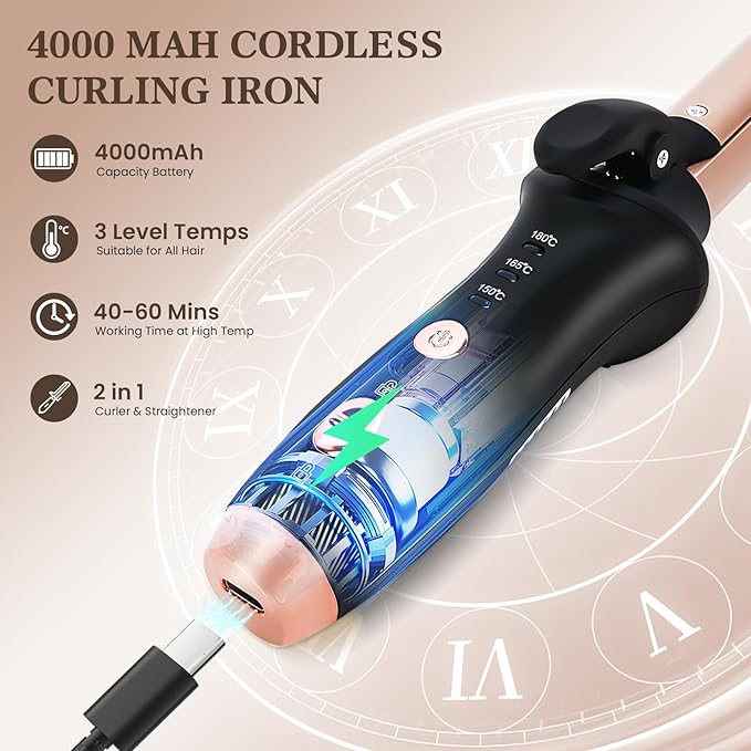 4000mAh Rechargeable Cordless Curling Iron 2-in-1 Mini USB Curler and Straightener Wireless Curling Wand with 3 Temps Settings(302-356°F) Portable Travel Hair Curler Hair Styler for Short &amp Long