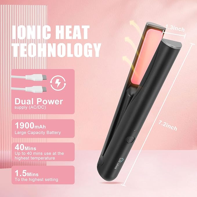 Mini Portable Cordless Hair StraightenerUSB RechargeableRapid Heating can Work continuously for 40 MinutesWireless Curling Iron for Travel (Black)