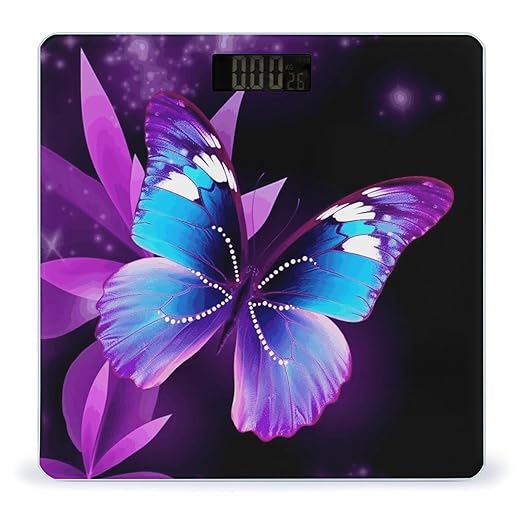 Blue Purple Butterfly Scale for Body Weight Safe Rounded Corners Tempered Glass Digital Bathroom Scale LED Display 400lb Capacity Weight Scales with High Precision Sensors