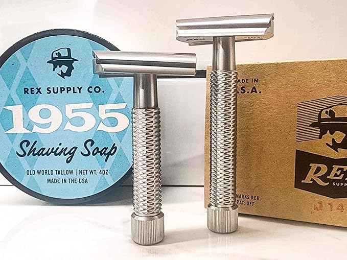 Rex Supply Co. Sentry Slant XL Double Edge Razor – Marine Grade Stainless Steel Slanted Head for Coarse Beard &amp Sensitive Skin | Diamond Grip Handle | 3-Piece DE Safety Razor | Made in USA
