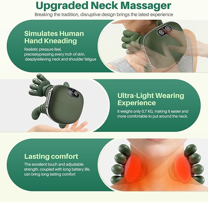 Neck and Shoulder Massager - Bionic Heated Massager Cordless Portable Electric Shiatsu Massager Deep Tissue 4D Kneading Massage Simulated Human fingers Design for Pain Relief and Muscle Relax