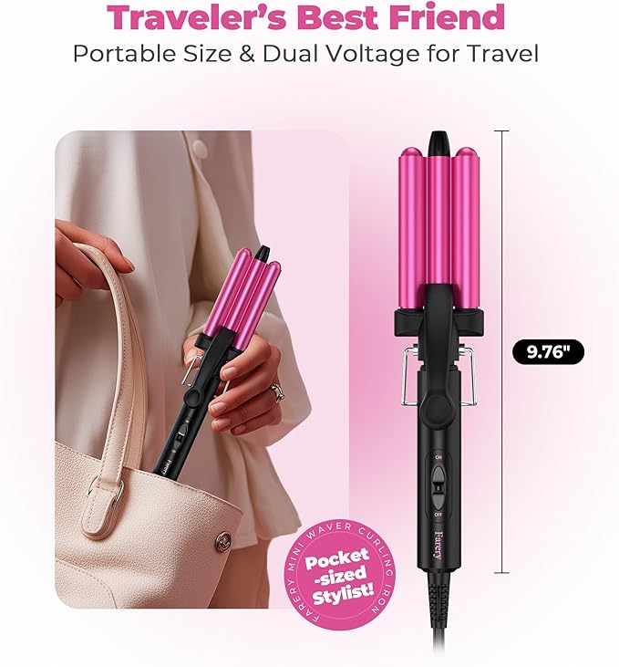 FARERY Mini Waver Curling Iron 1/2 Inch Hair Crimper for Women Beach Waves Keratin &amp Argan Oil Infused Dual Voltage Pouch Bag